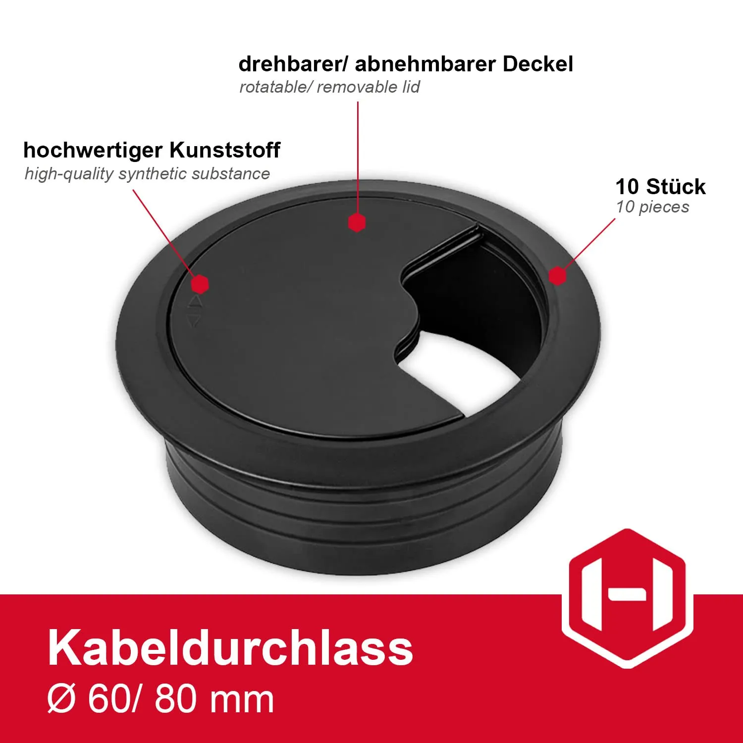 Gedotec Passacavo Scrivania 60 mm Nero Opaco 10 pz ABS