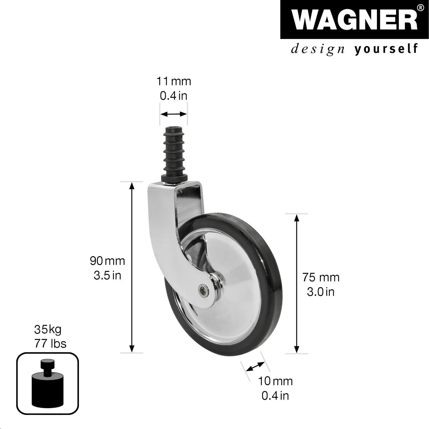Wagner RO 9084 rotella carrello tè Ø75 mm perno 11 mm 35 kg