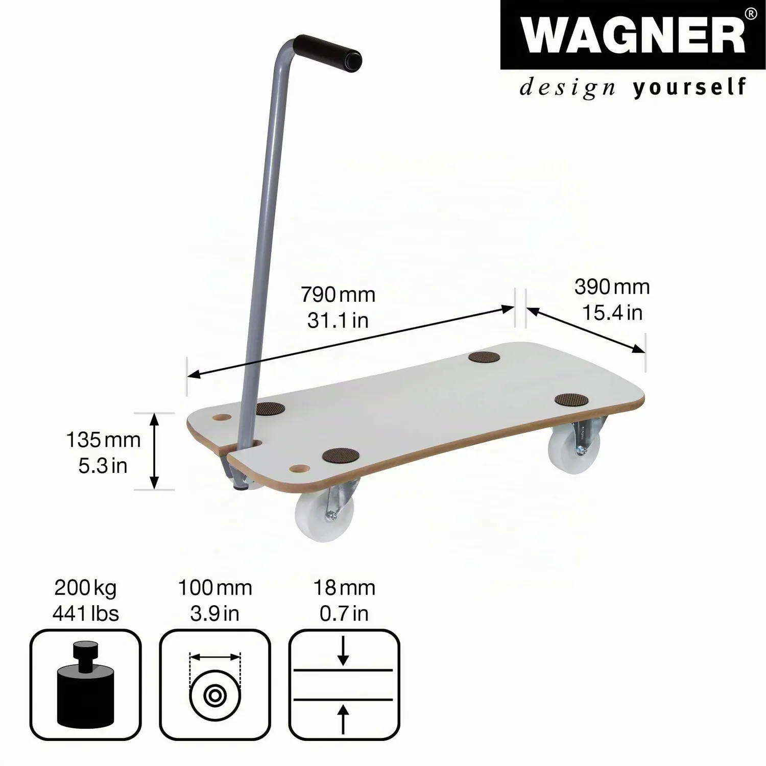 Wagner MM 1389 Carrello Trasporto 79x39 cm 200 kg Timone