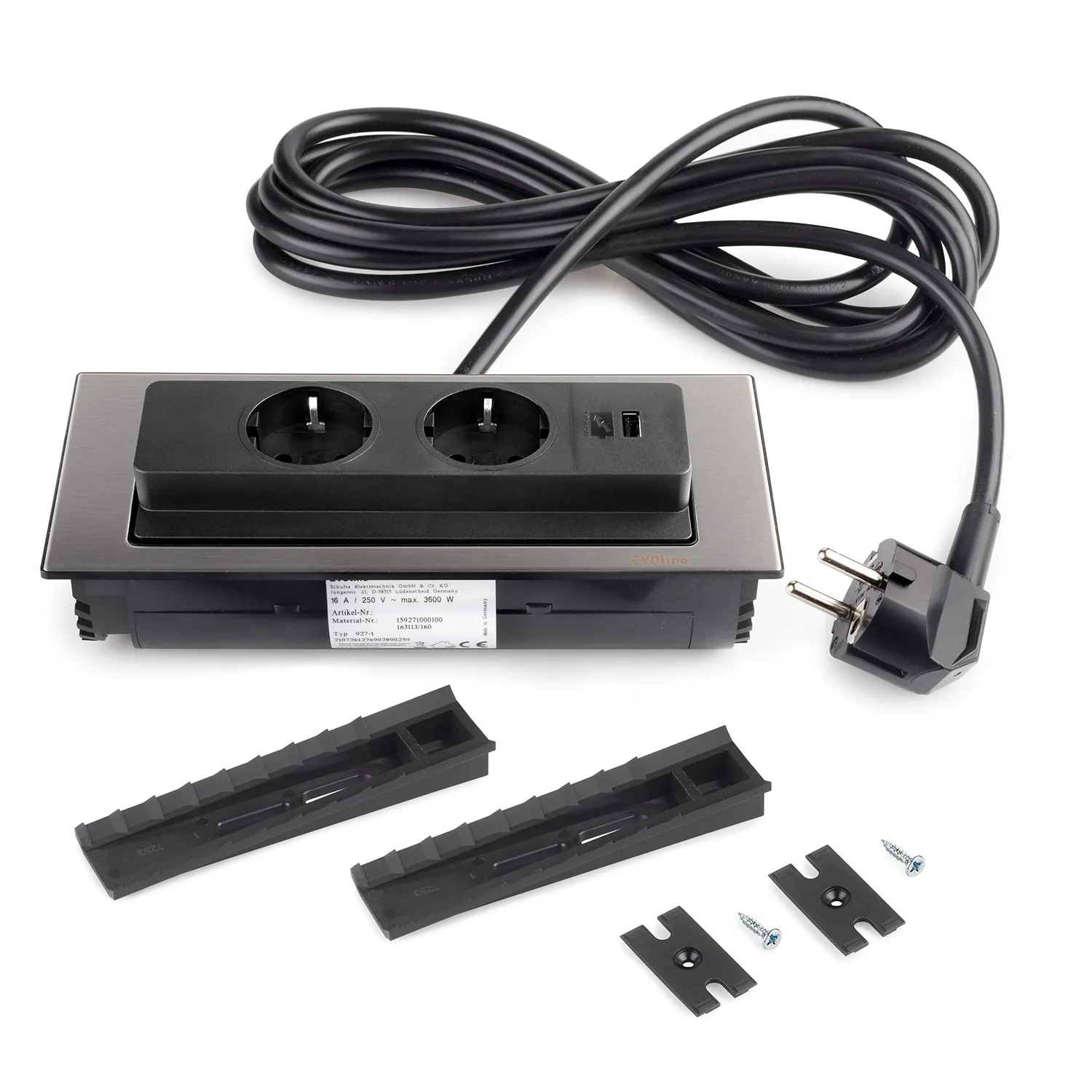 Emuca multiconnettore incasso 2 Schuko 1 USB anodizzato