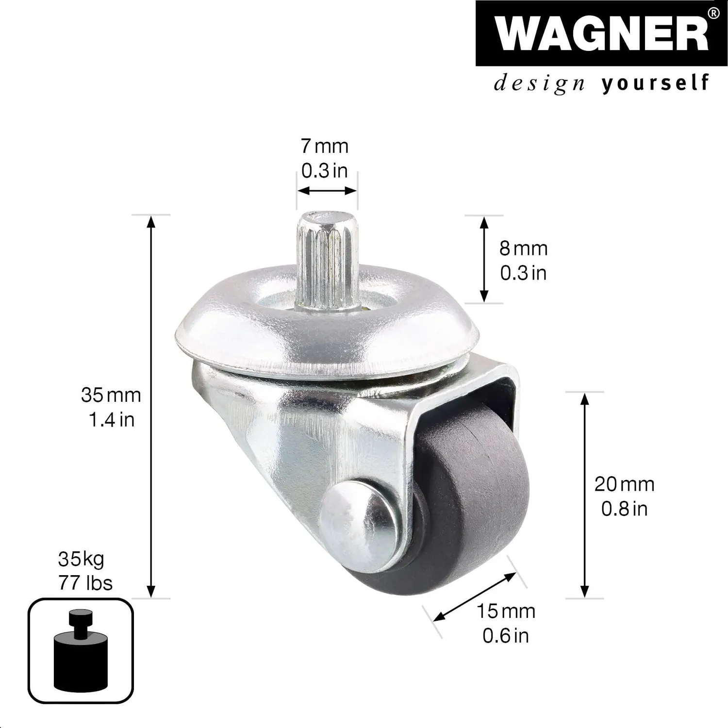 Wagner 03075901 RO 0759 rullo cassettiera perno 7 mm portata 35 kg