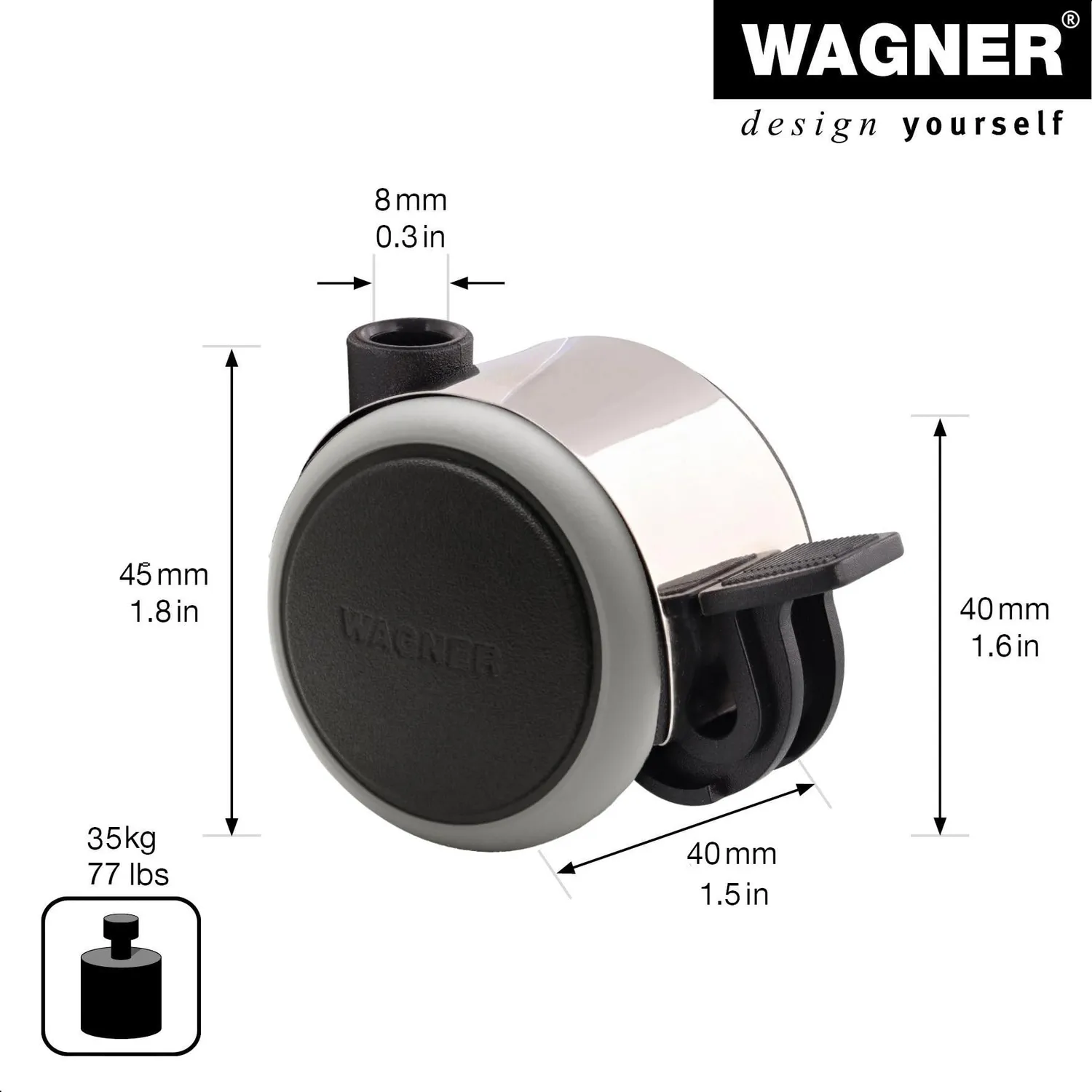 Wagner 01142601 rotella doppia 40 mm 35 kg nera con freno