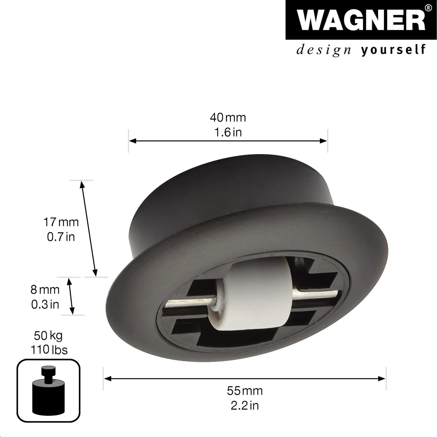Wagner 01707101 rullo incasso Ø 15 mm nero portata 50 kg