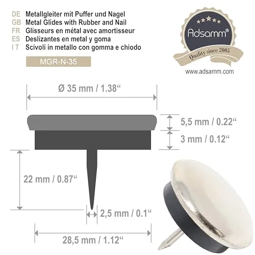 Adsamm pattini metallo con chiodo 35 mm argento 16 pezzi