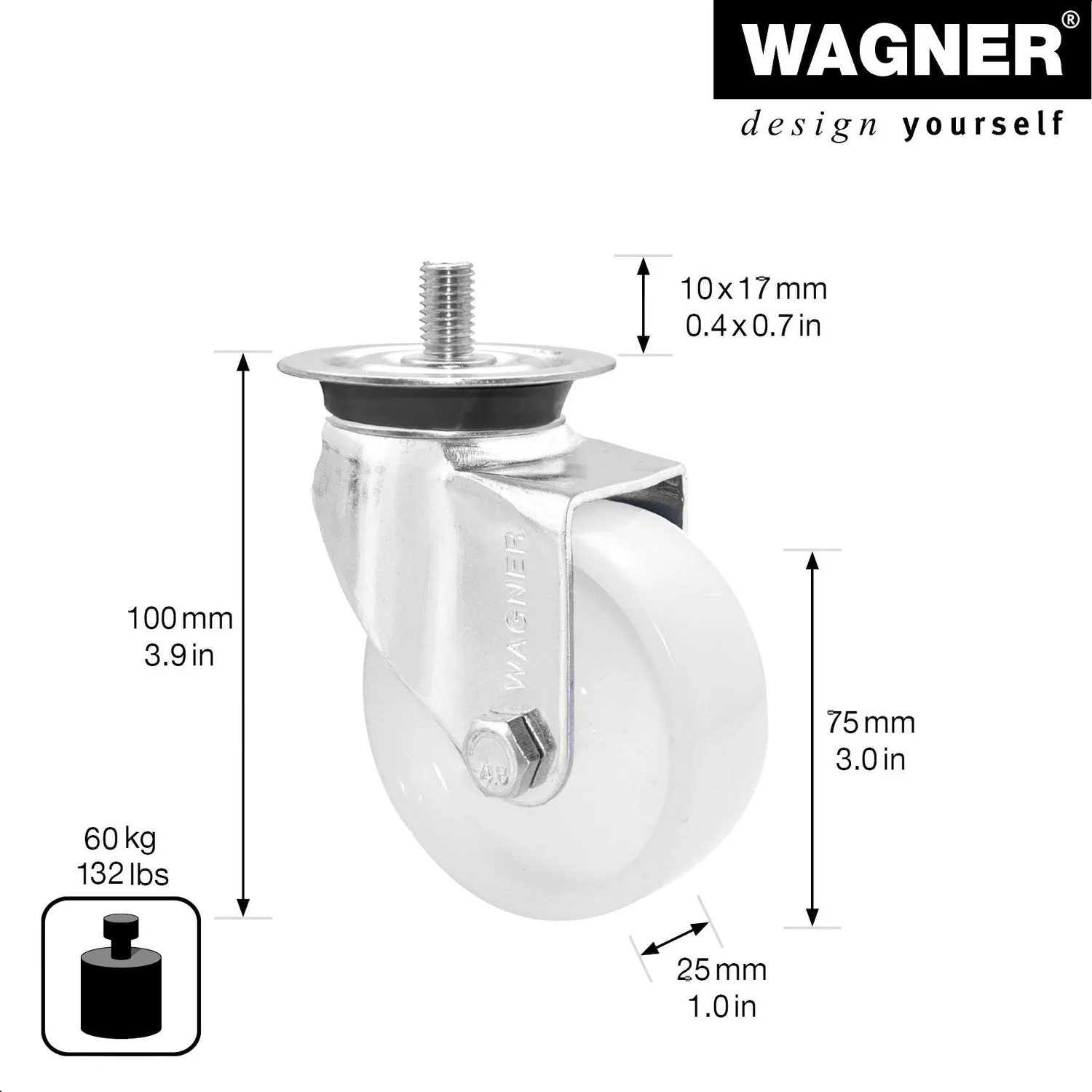 Wagner 03208101 rotella bianca 75 mm filetto M10 portata 60 kg
