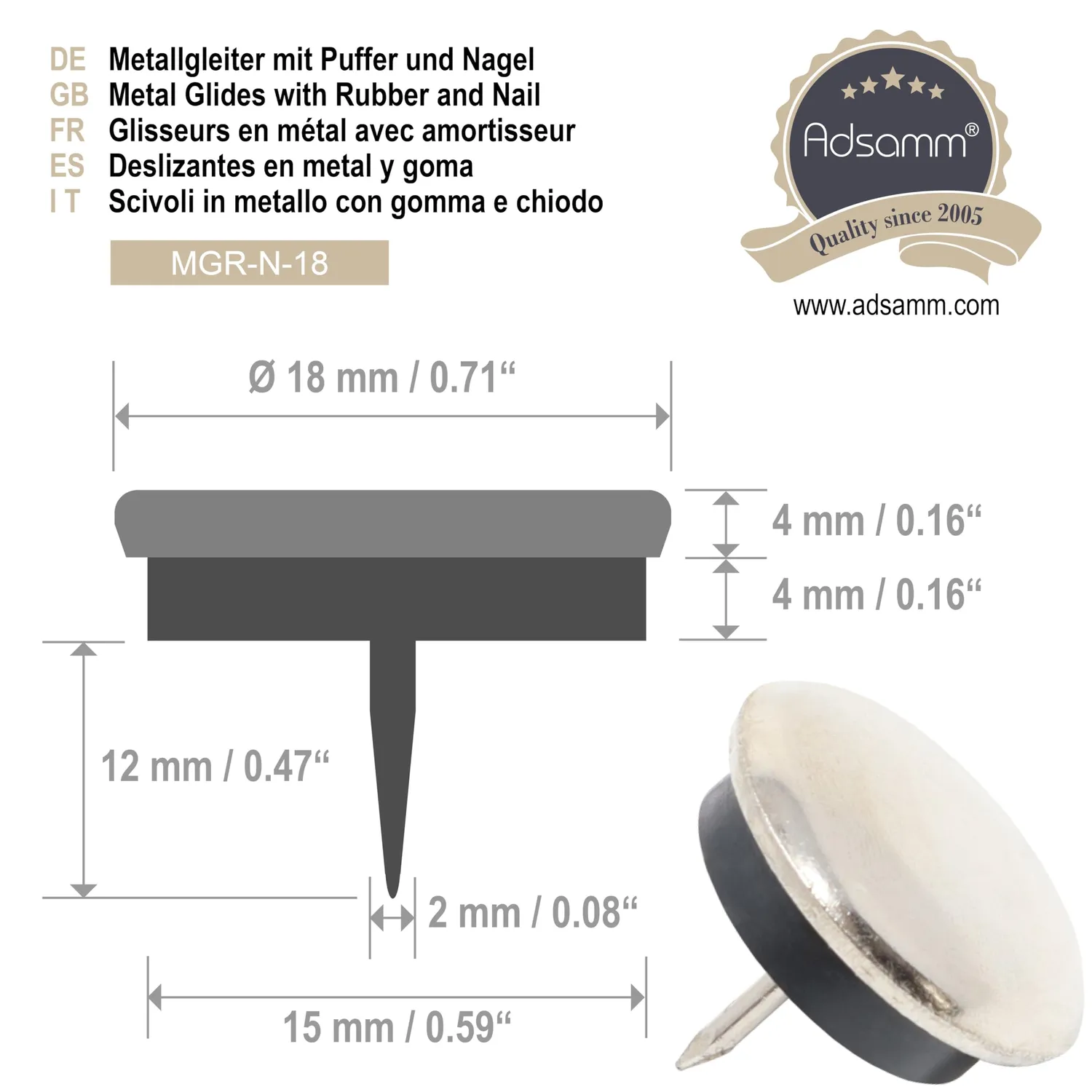 Adsamm Puntali Metallo Chiodo Ø18 mm Argento 32 Pezzi