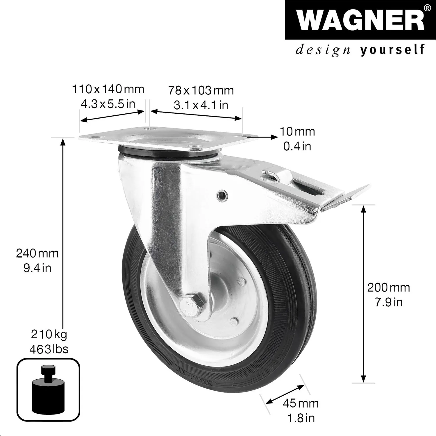 Wagner RO 7200 rotella girevole Ø 200 mm freno 210 kg
