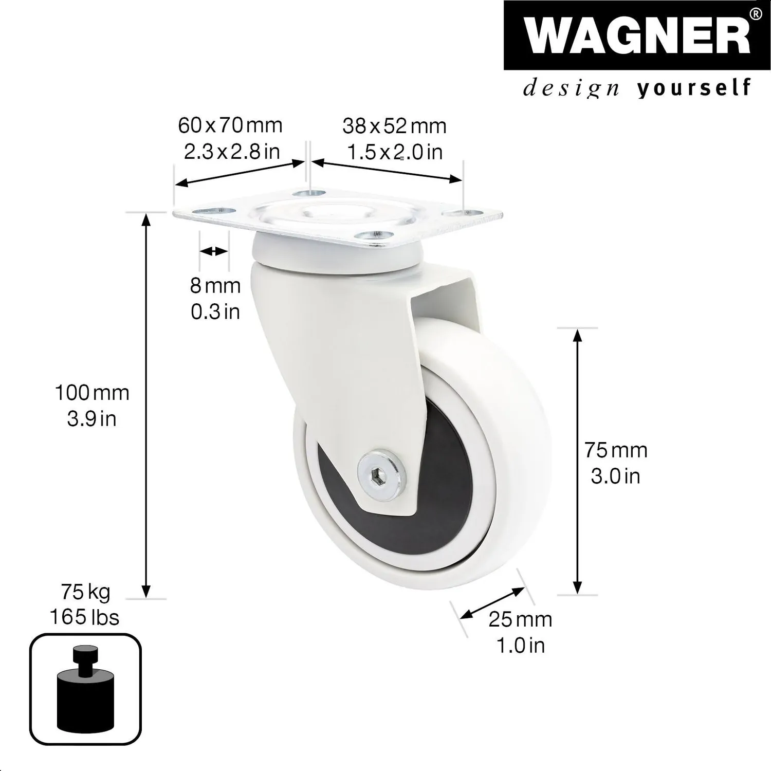 Wagner 3C Ruota Girevole Bianca Ø75 mm Portata 75 kg Acciaio