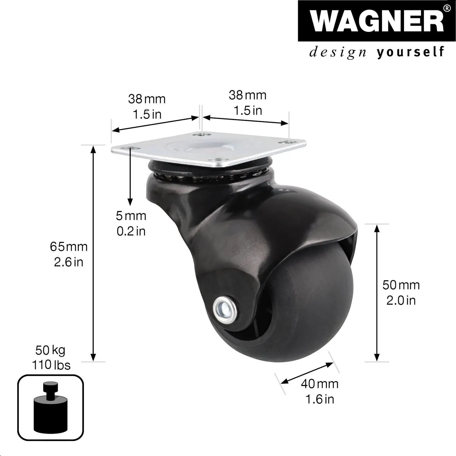 Wagner RO0016 rotella a sfera nera con piastra 1pz 50kg