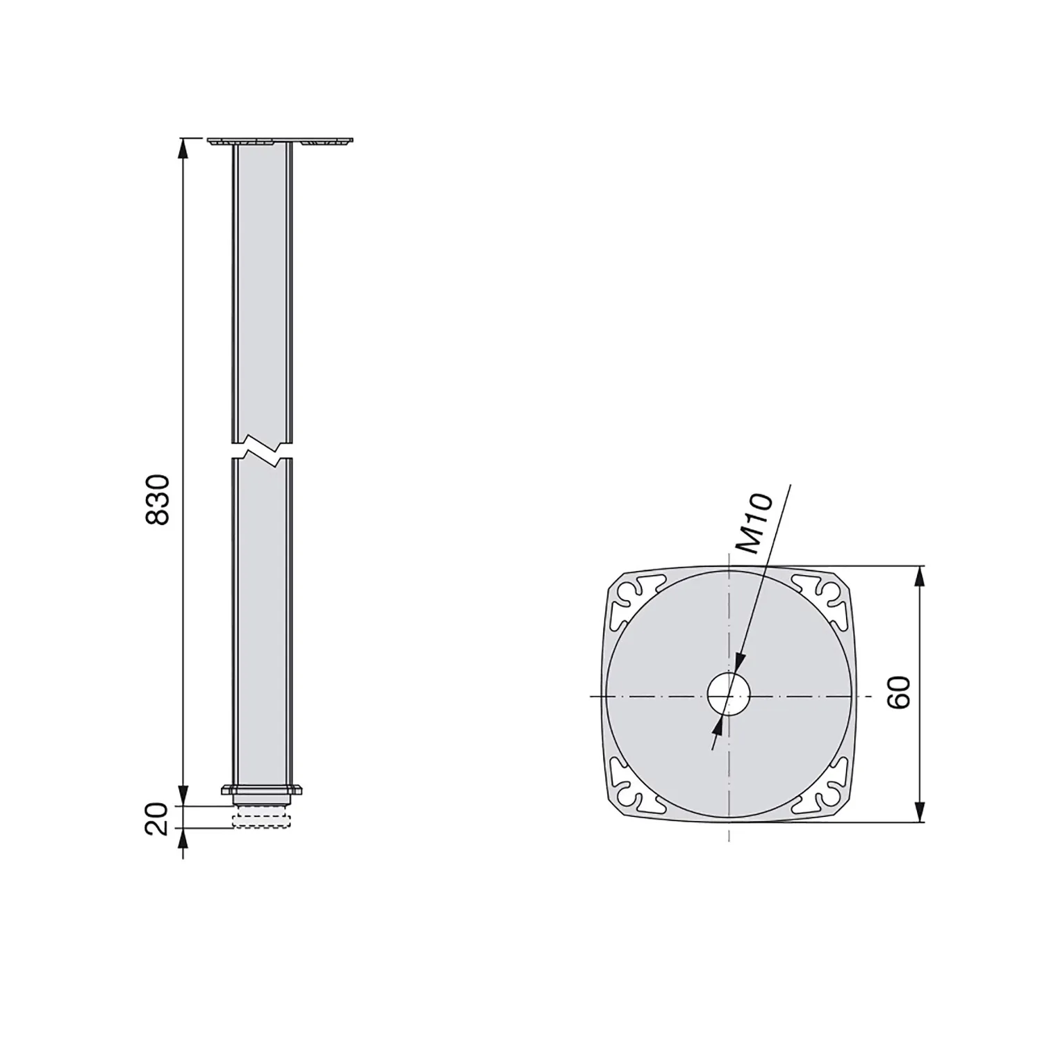 Emuca 2035862 Gamba Tavolo Quadrata Alluminio 830 mm