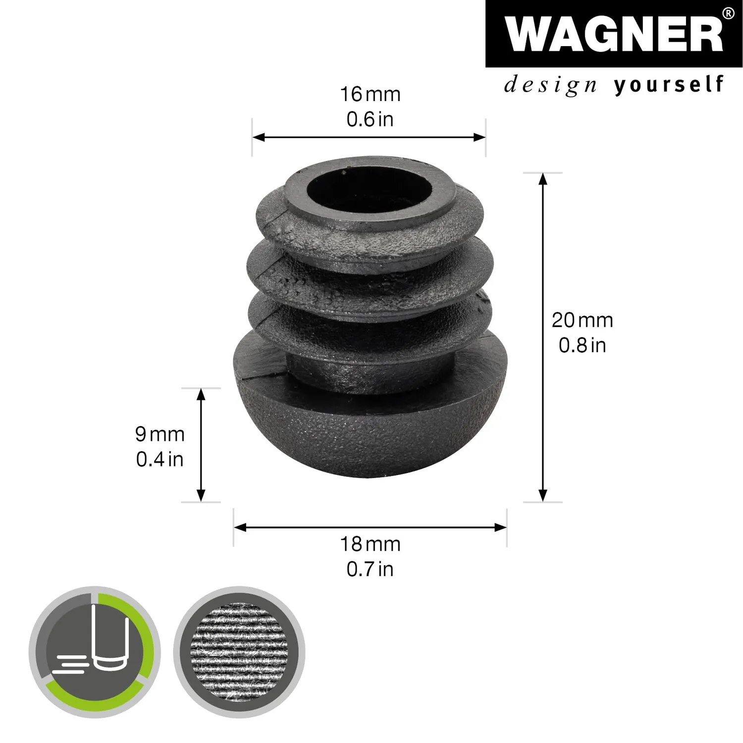 Wagner 15005199 puntali sedia acciaio 16/18 mm neri 4 pezzi