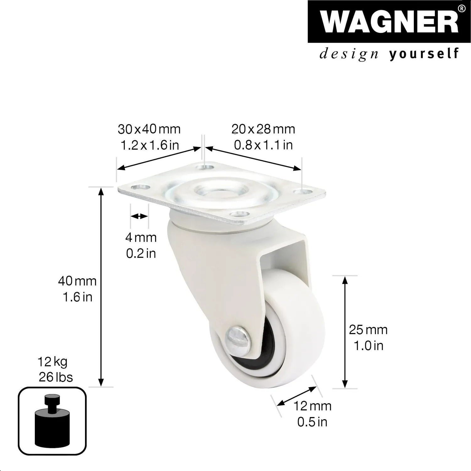 WAGNER 3C 01222601 ruota mobile bianca Ø25 mm 12 kg