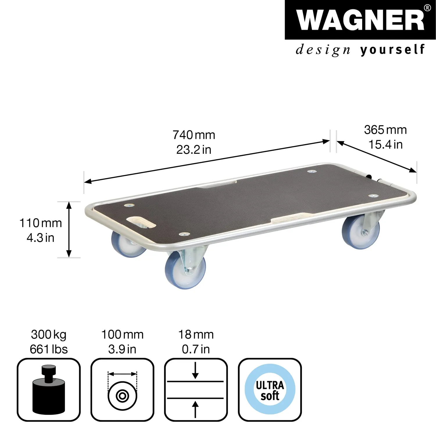 Wagner MM 1345 carrello trasporto 74x36,5 cm 300 kg antiscivolo