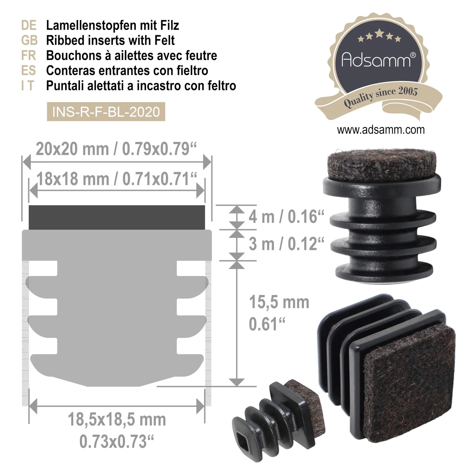 Adsamm puntali quadrati 16-18 mm 100 pezzi con feltro nero