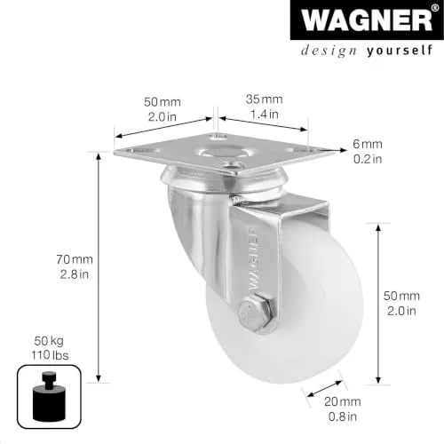 WAGNER ECO set 4 ruote girevoli D50 mm bianche 50 kg