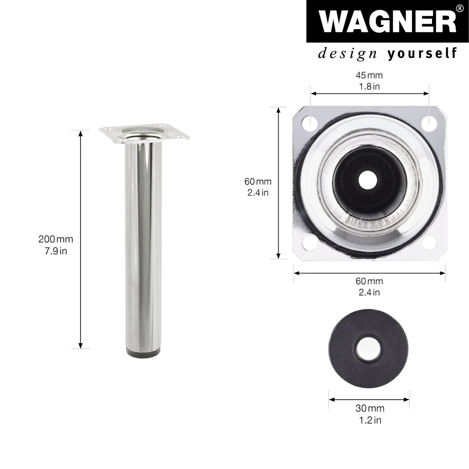 Wagner 1520 piedino per mobili acciaio cromo 200 mm