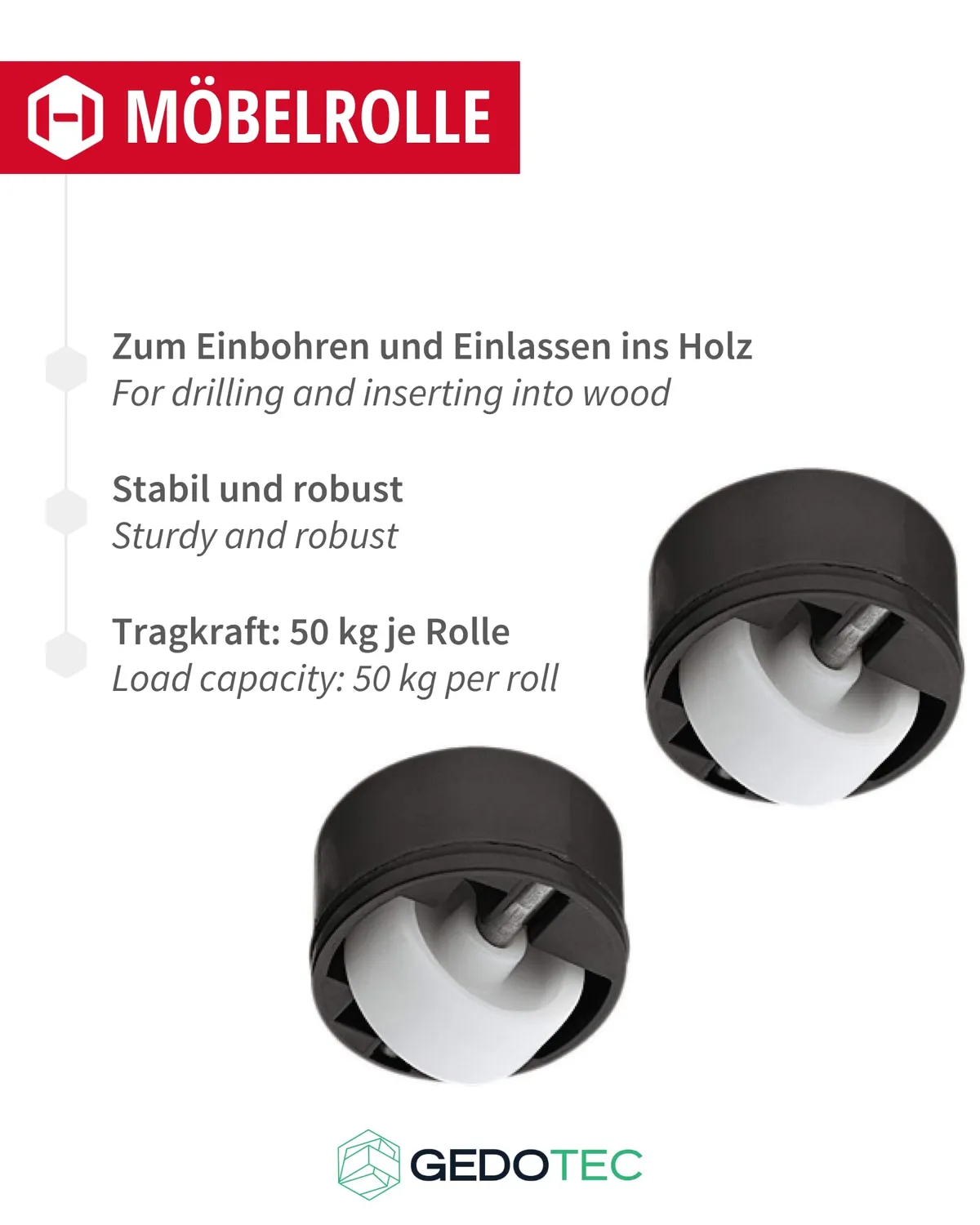 Gedotec rotelle mobili incasso Ø36 mm pavimenti duri 4 pz