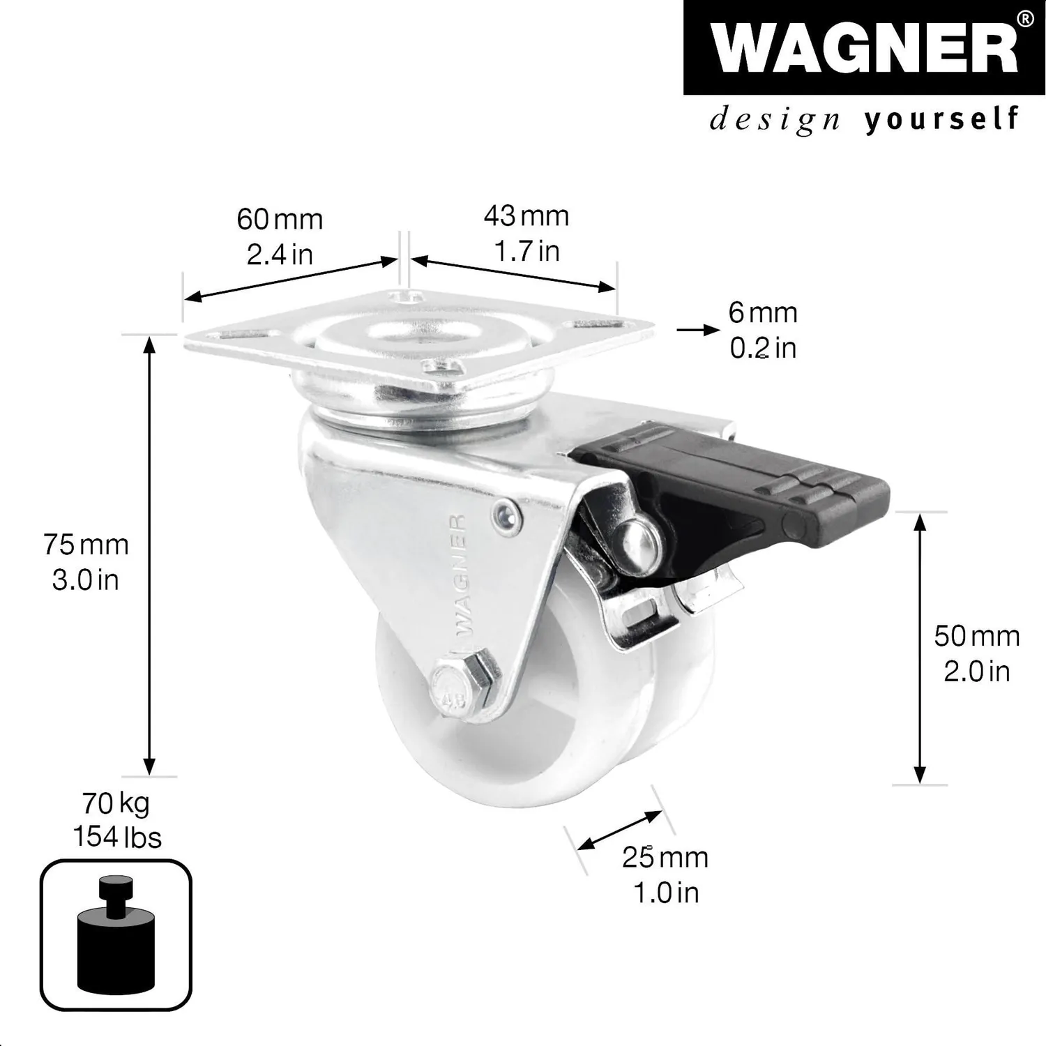 Wagner 03325201 RO 3252 rotella doppia con freno 50 mm 1 pz