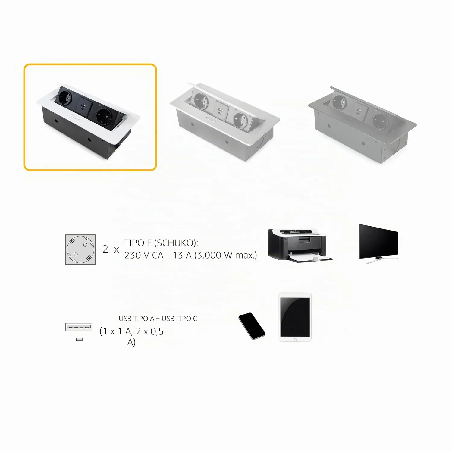 Emuca Ciabatta Scrivania Incasso 265x120 Bianco 2 Spine USB-C