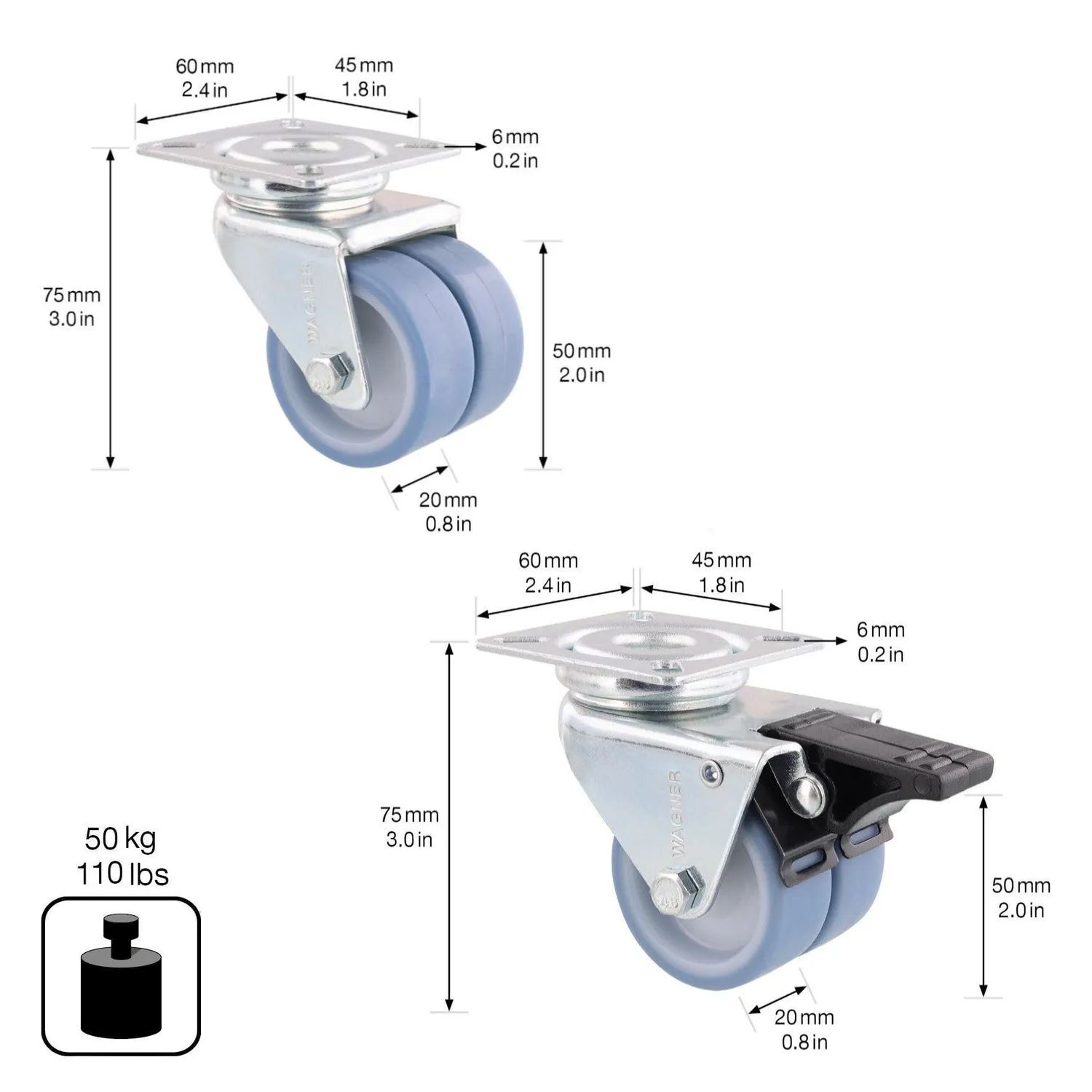 Wagner Ultrasoft ruote mobili doppie D50 mm set 4 pezzi
