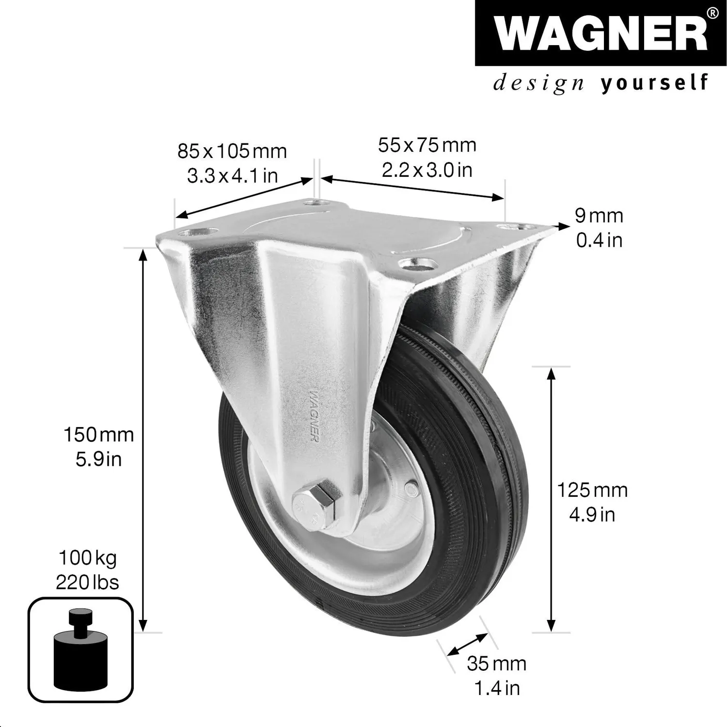 Wagner RO 8124 rotella fissa 125 mm gomma grigia 100 kg