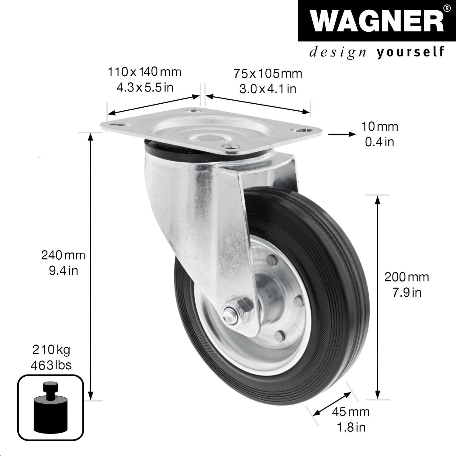Wagner 04620001 rotella girevole gomma piena 200 mm 210 kg