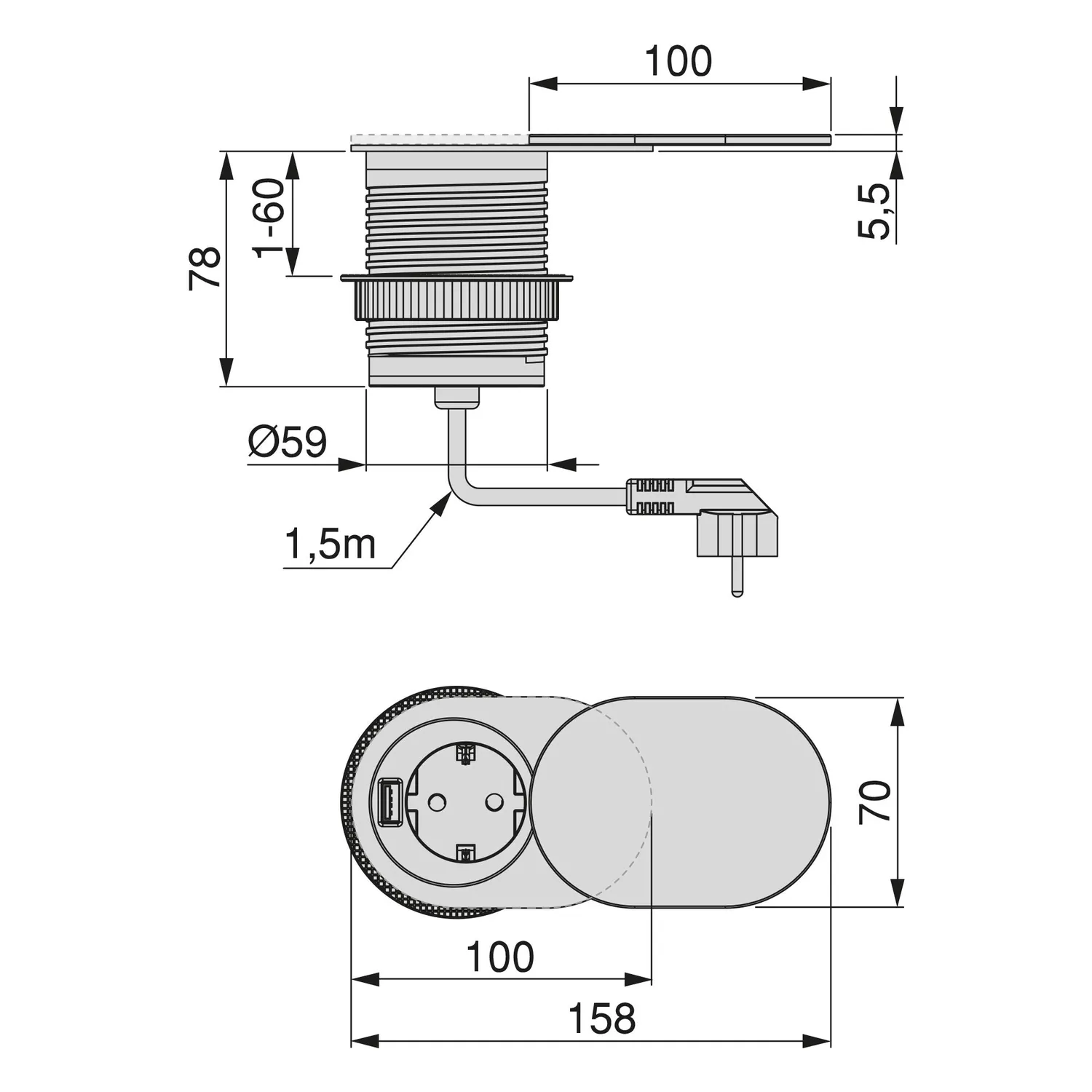 Emuca multipresa da incasso schuko+USB foro 60 mm inox
