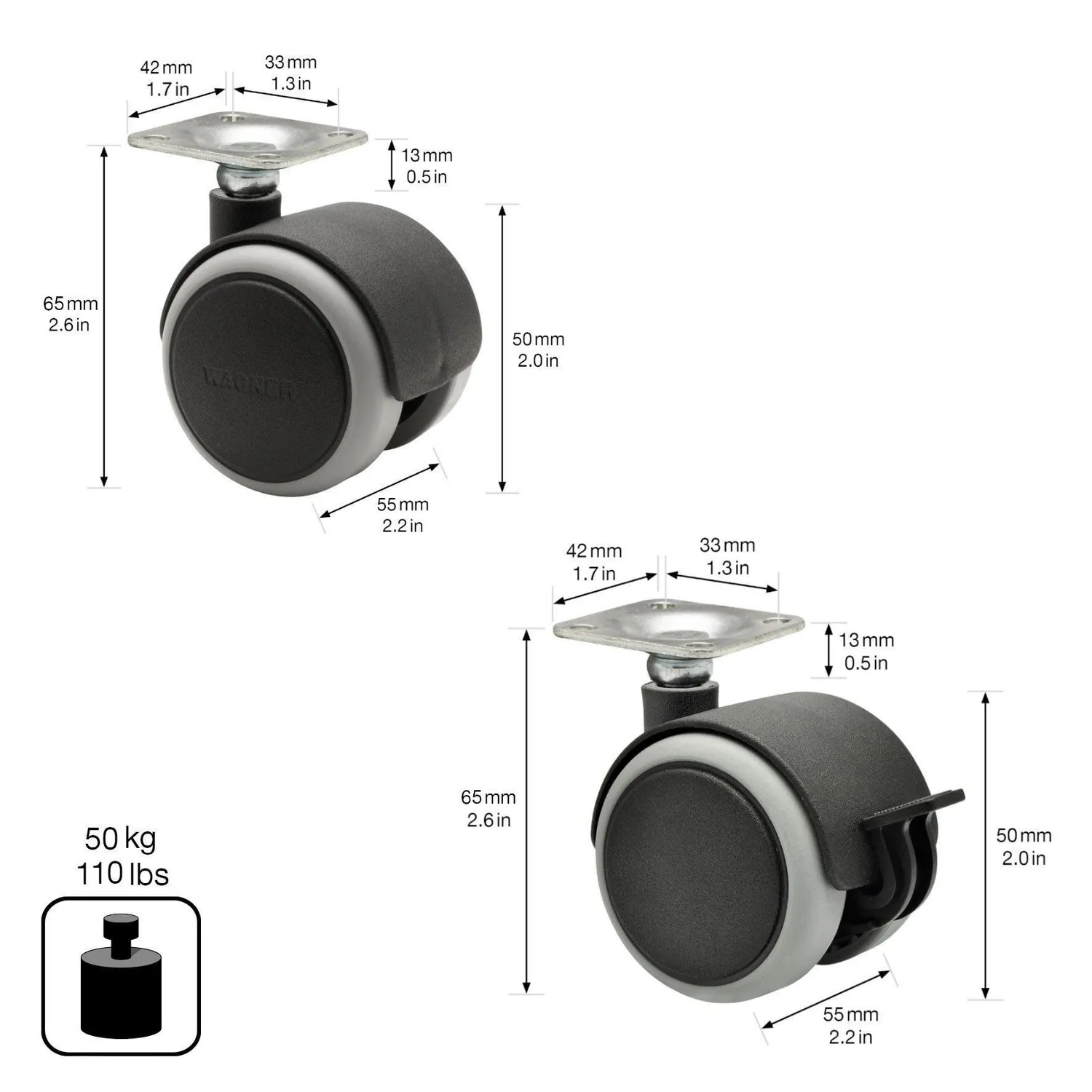 Wagner Soft ruote mobili doppie 50 mm set 4 pezzi con freni