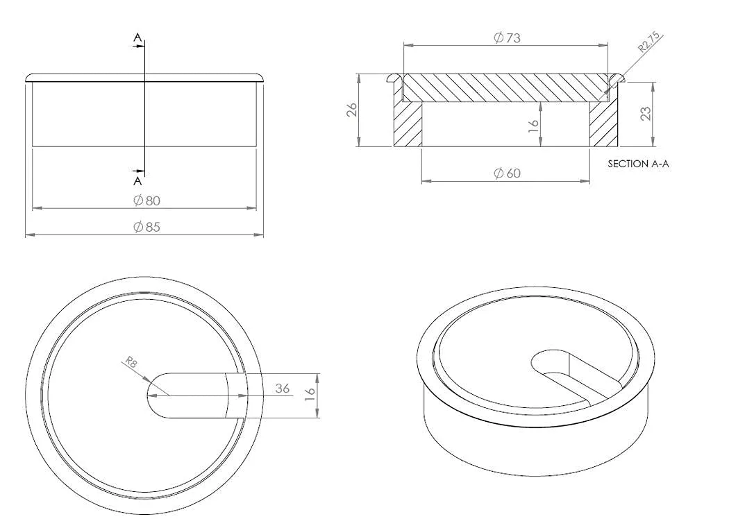 Gedotec Plain Passacavo rotondo Ø80 mm acero laccato 1 pz