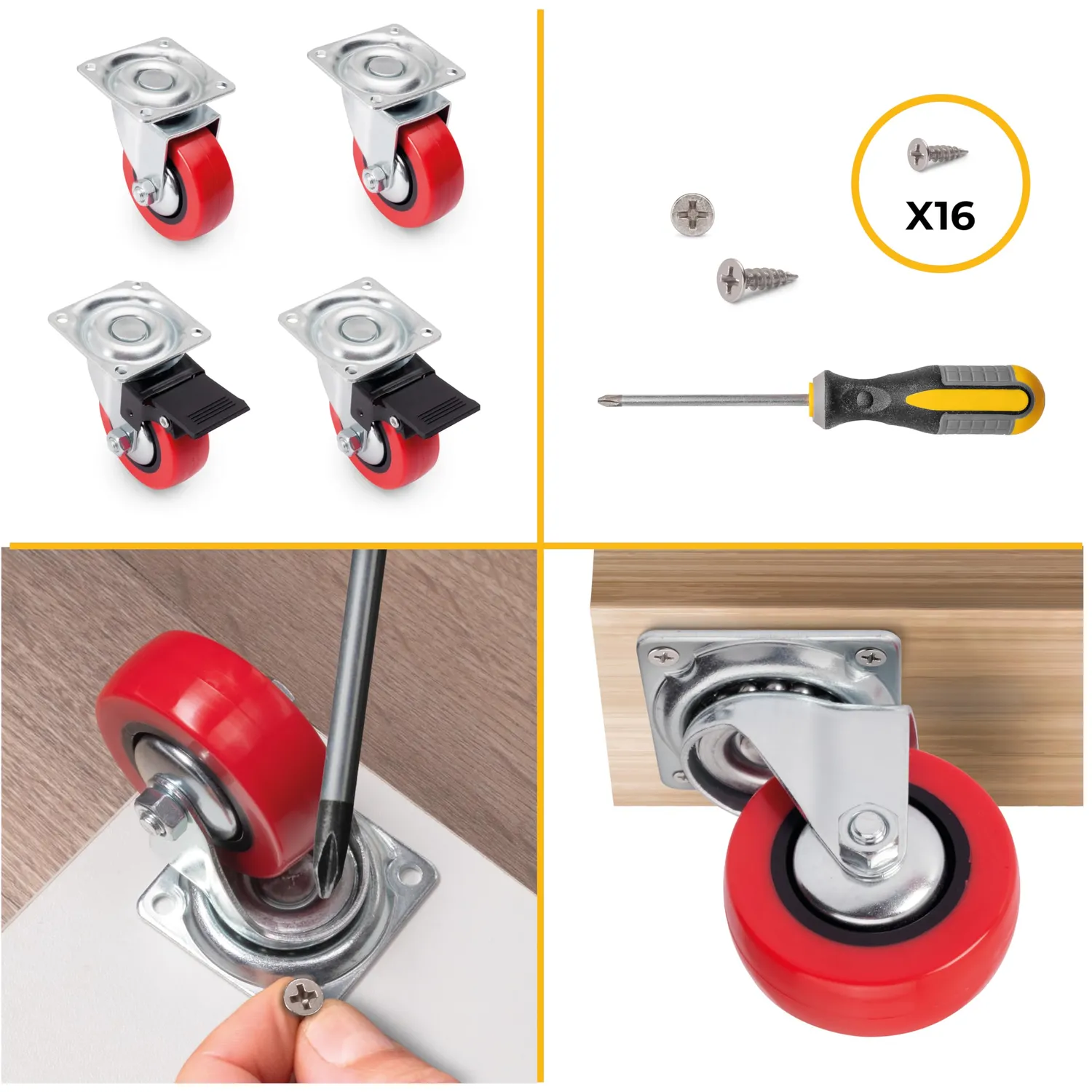 Emuca Kit Ruote Piastra Ø50 con Freno Set 4 Rosse Portata 50kg