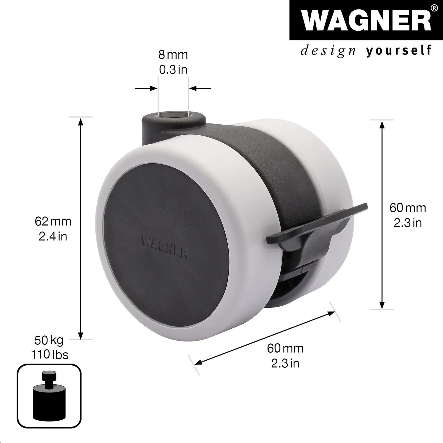 Wagner RO 0117 rullo doppio 60 mm nero con freno 50 kg