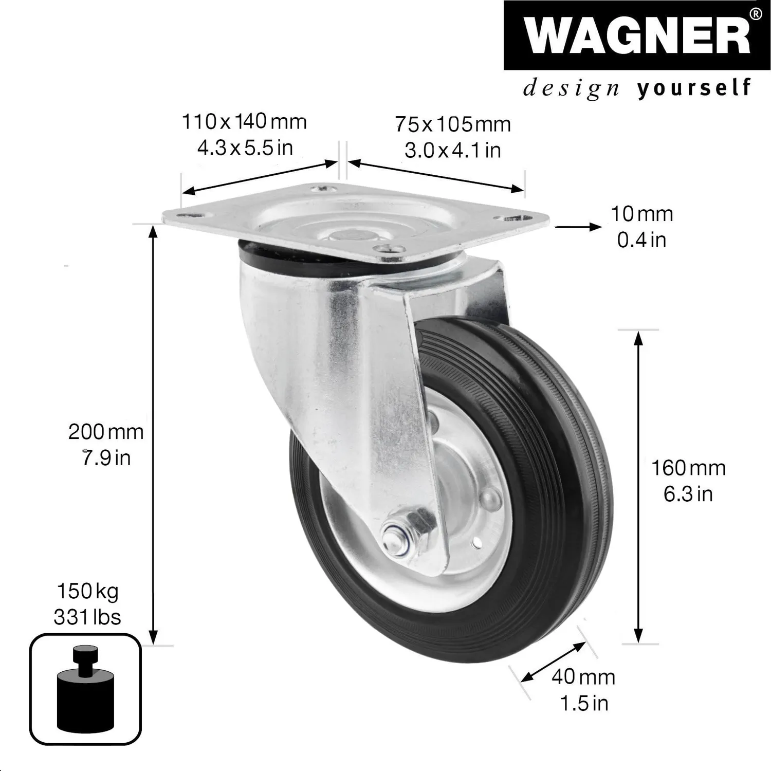 Wagner RO 6160 rotella girevole 160 mm 150 kg gomma