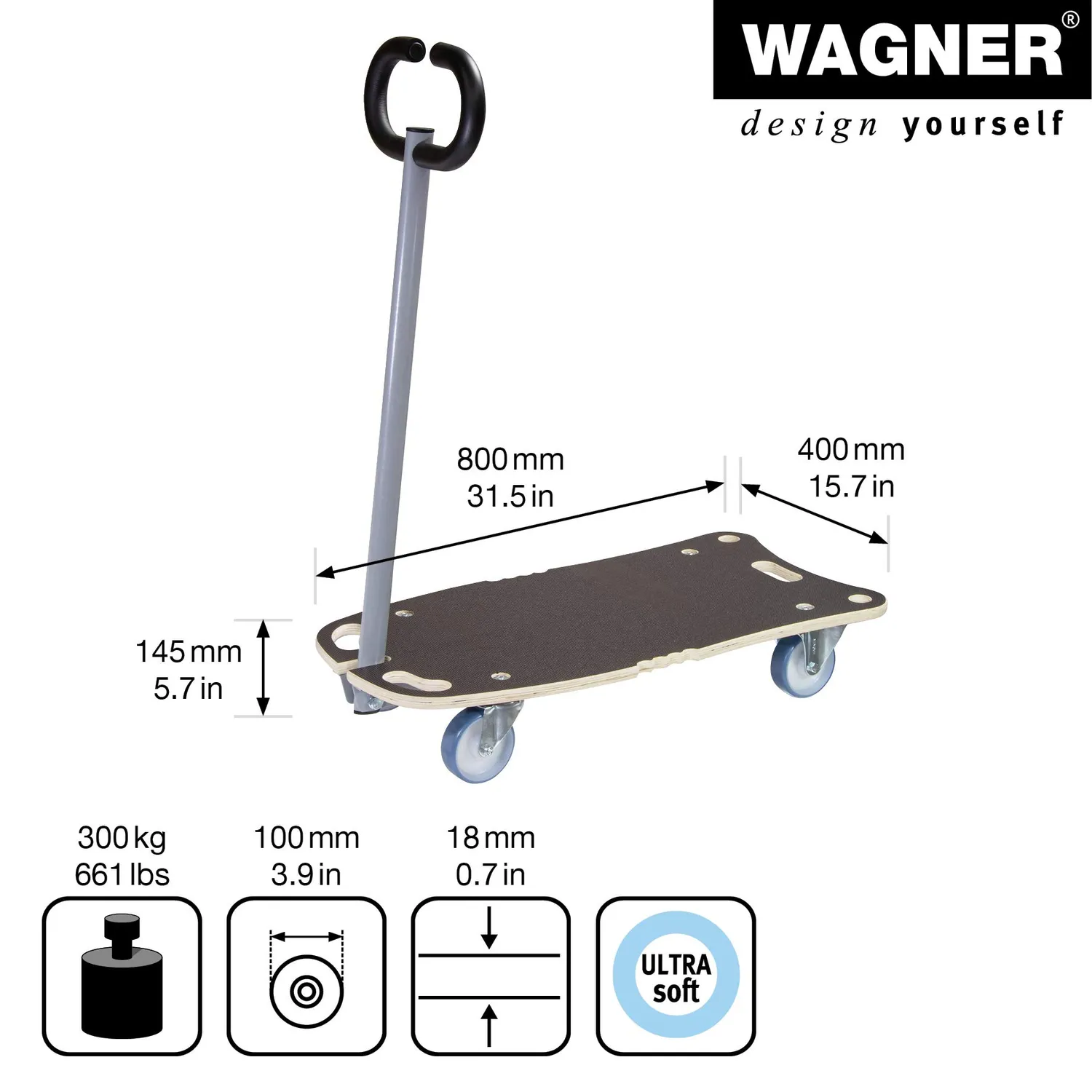 WAGNER MM 1187 carrello trasporto 80x40 cm 300 kg antiscivolo