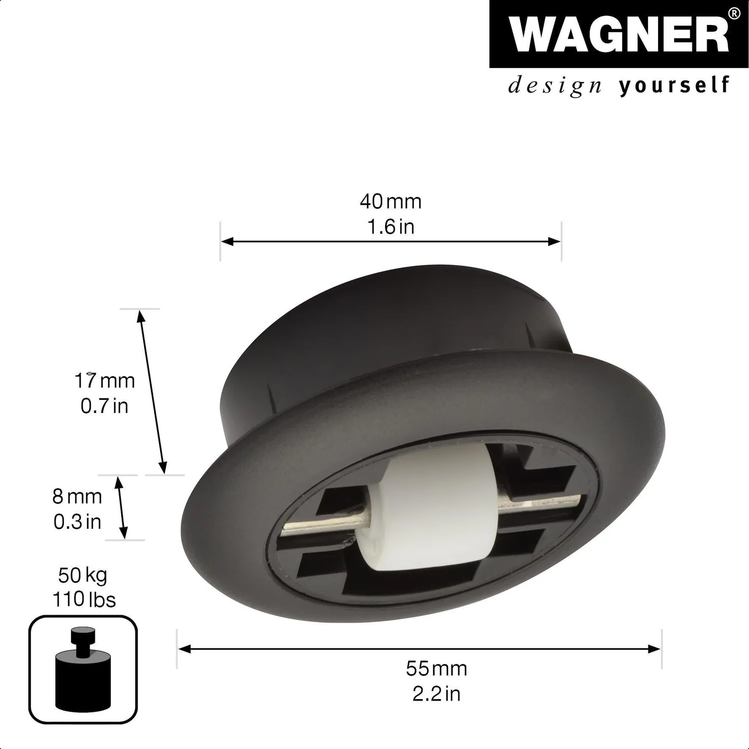 Wagner RO 7011 rullo incasso Ø 15 mm nero portata 50 kg