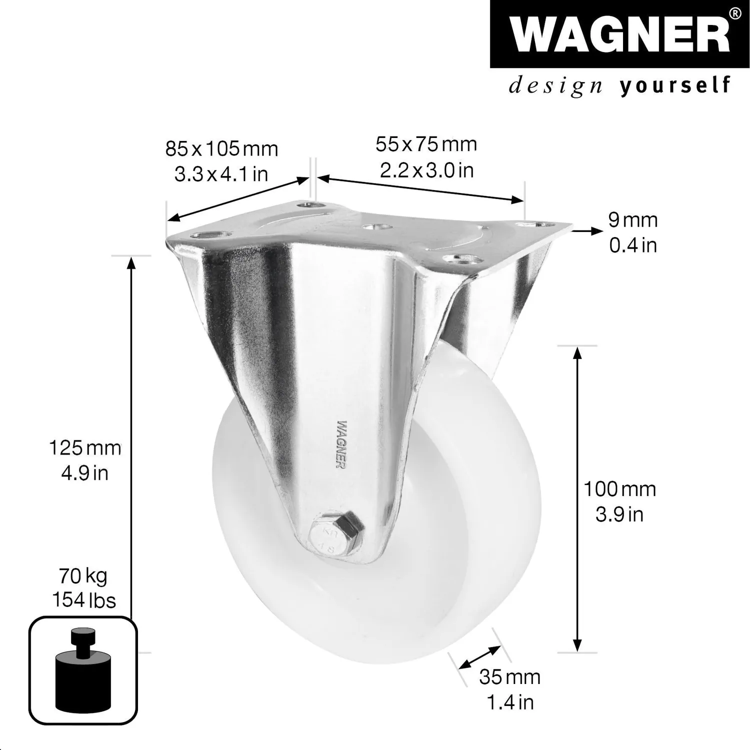 Wagner RO 8500 rullo fisso Ø 100 mm piastra 85x105 70 kg
