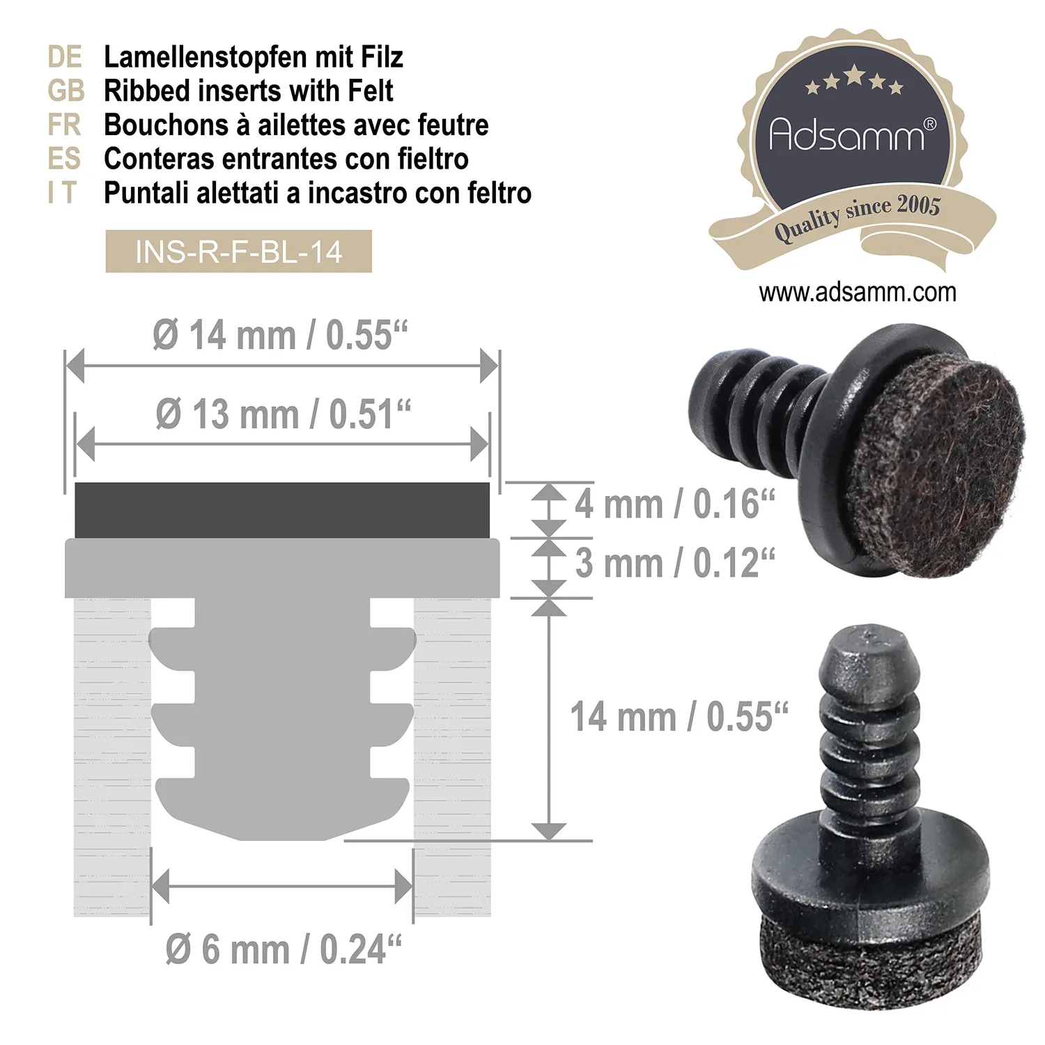 Adsamm puntali alettati feltro 4 pz neri Ø 5-6 mm