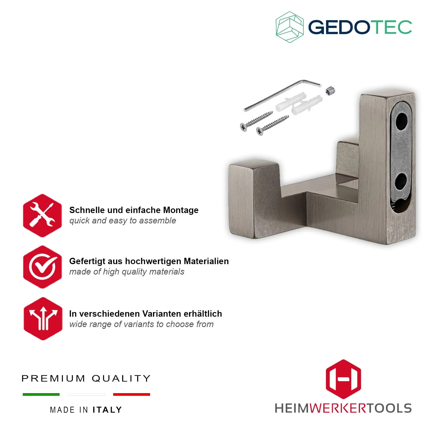 Gedotec Tetris gancio doppio da parete 40x52 mm inox 1 pezzo