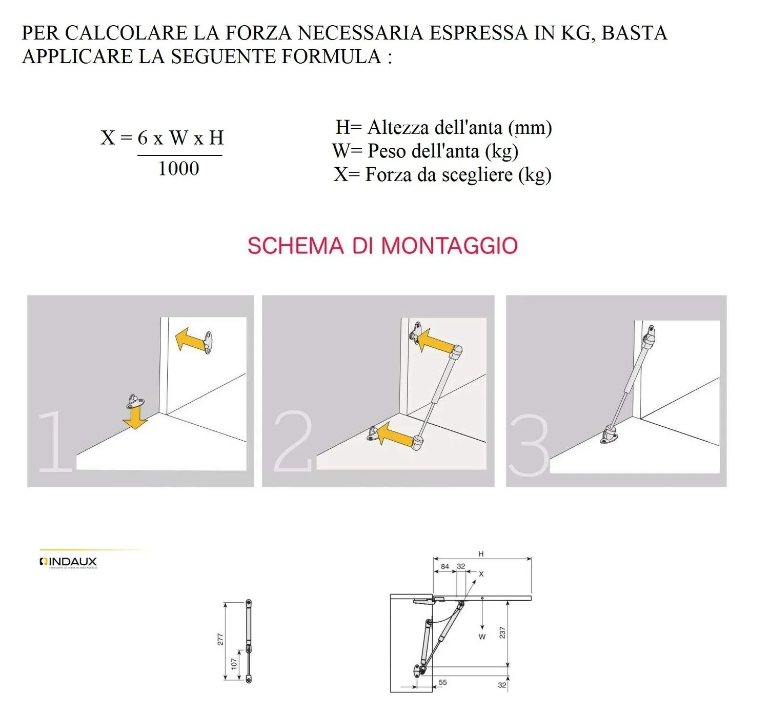 Indaux pistone gas vasistas 276 mm 10 kg con ganci