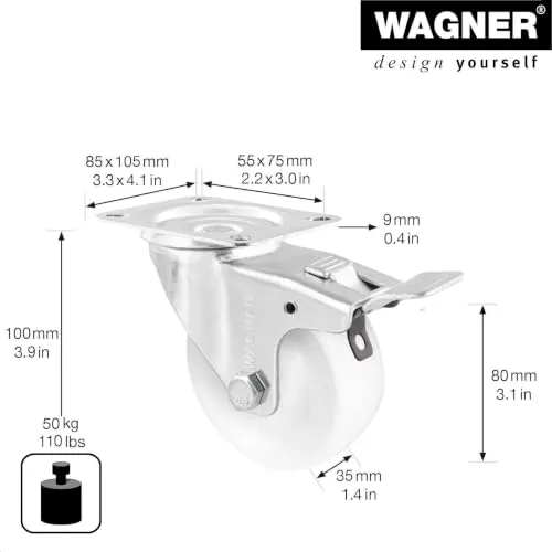 Wagner 04758001 rotella girevole bianca 80 mm con freno 1 pz