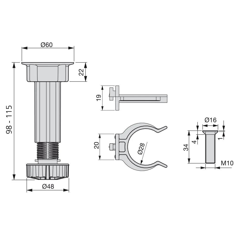 Emuca piedini regolabili H 100 mm neri set 4 pezzi