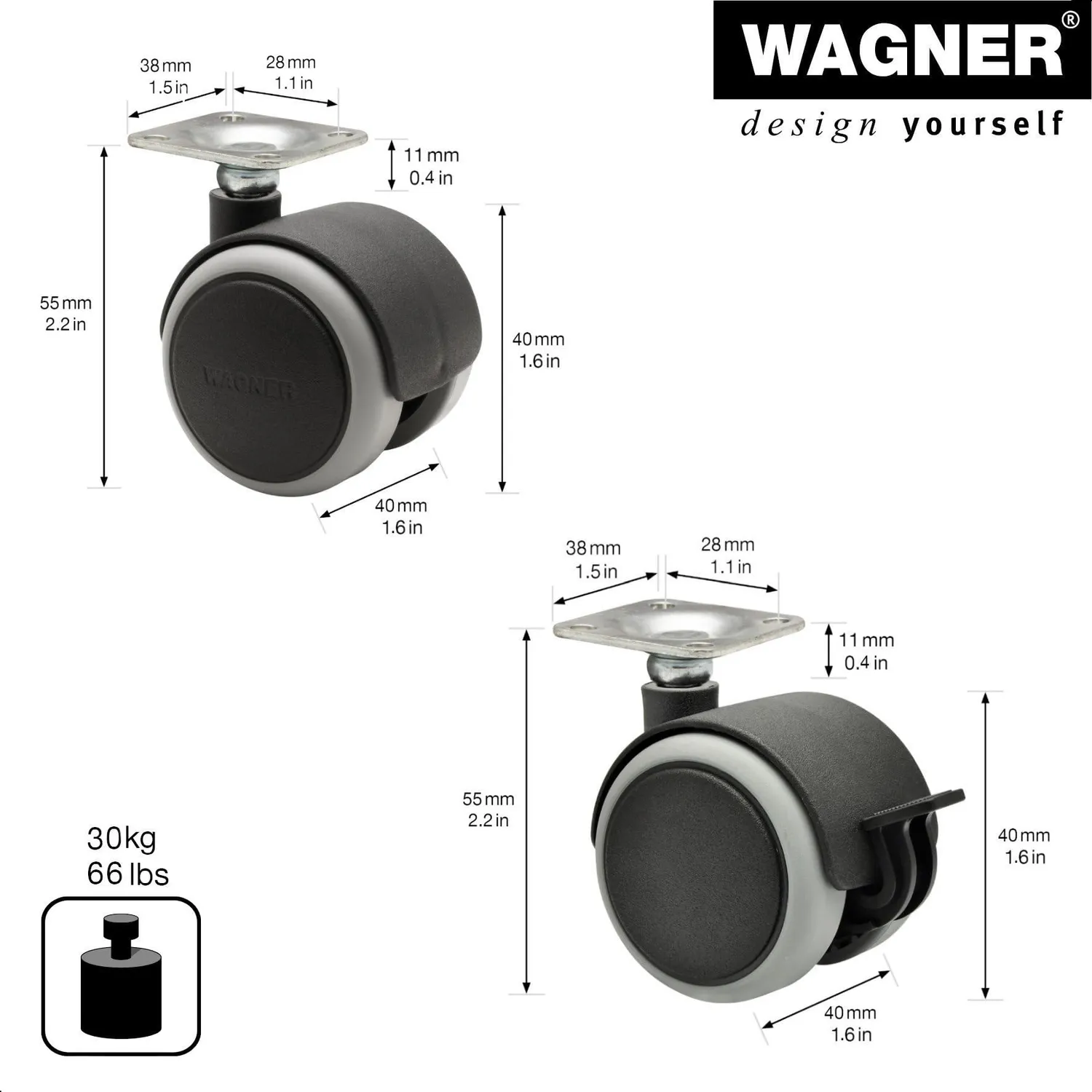 Wagner RO 0724 set 8 doppie rotelle mobili Ø40 mm 4 con freno