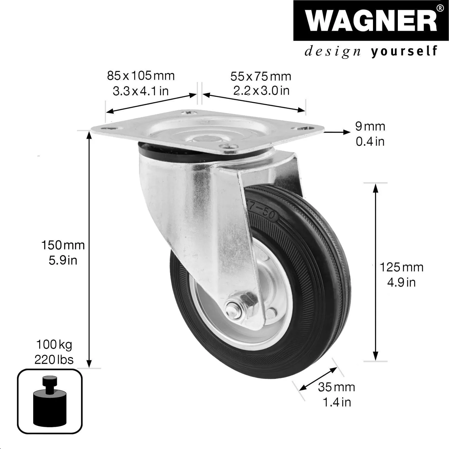 Wagner 04612401 RO 6124 rotella gomma piena 125 mm portata 100 kg
