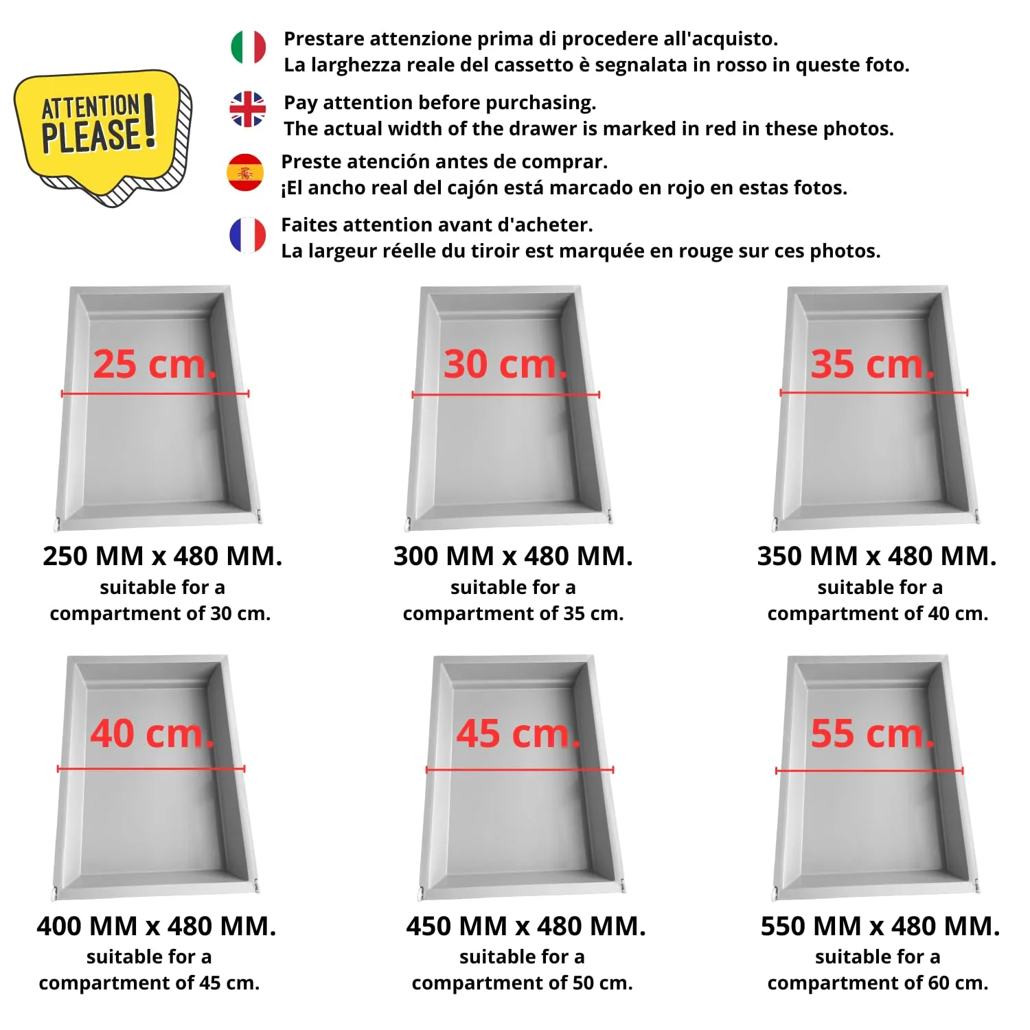 Indaux kit 4 cassetti ABS lavabili 250x480 mm guide rullo