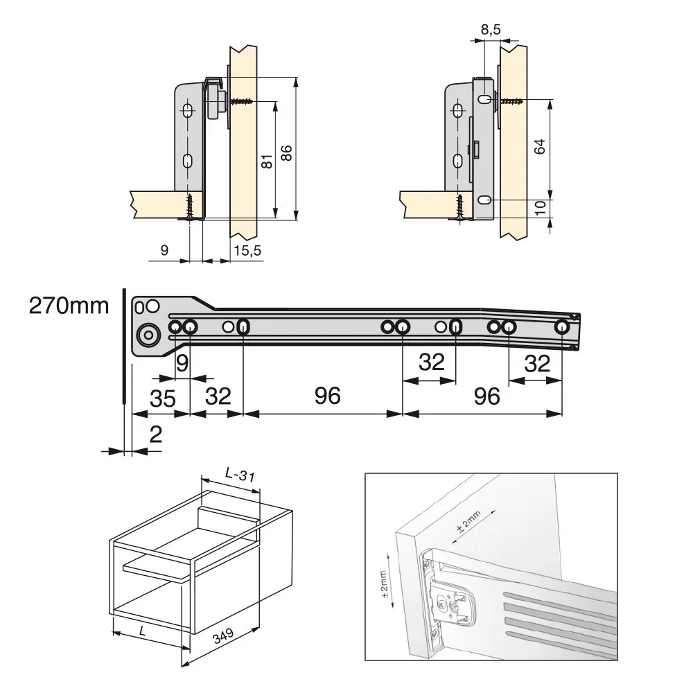 Emuca Vertex 3041025 kit cassetto H86 270mm 10 pezzi alluminio