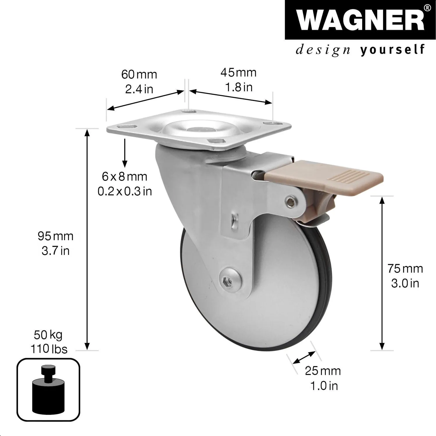 Wagner RO 3283 rotella design Ø75 mm 50 kg con freno alluminio