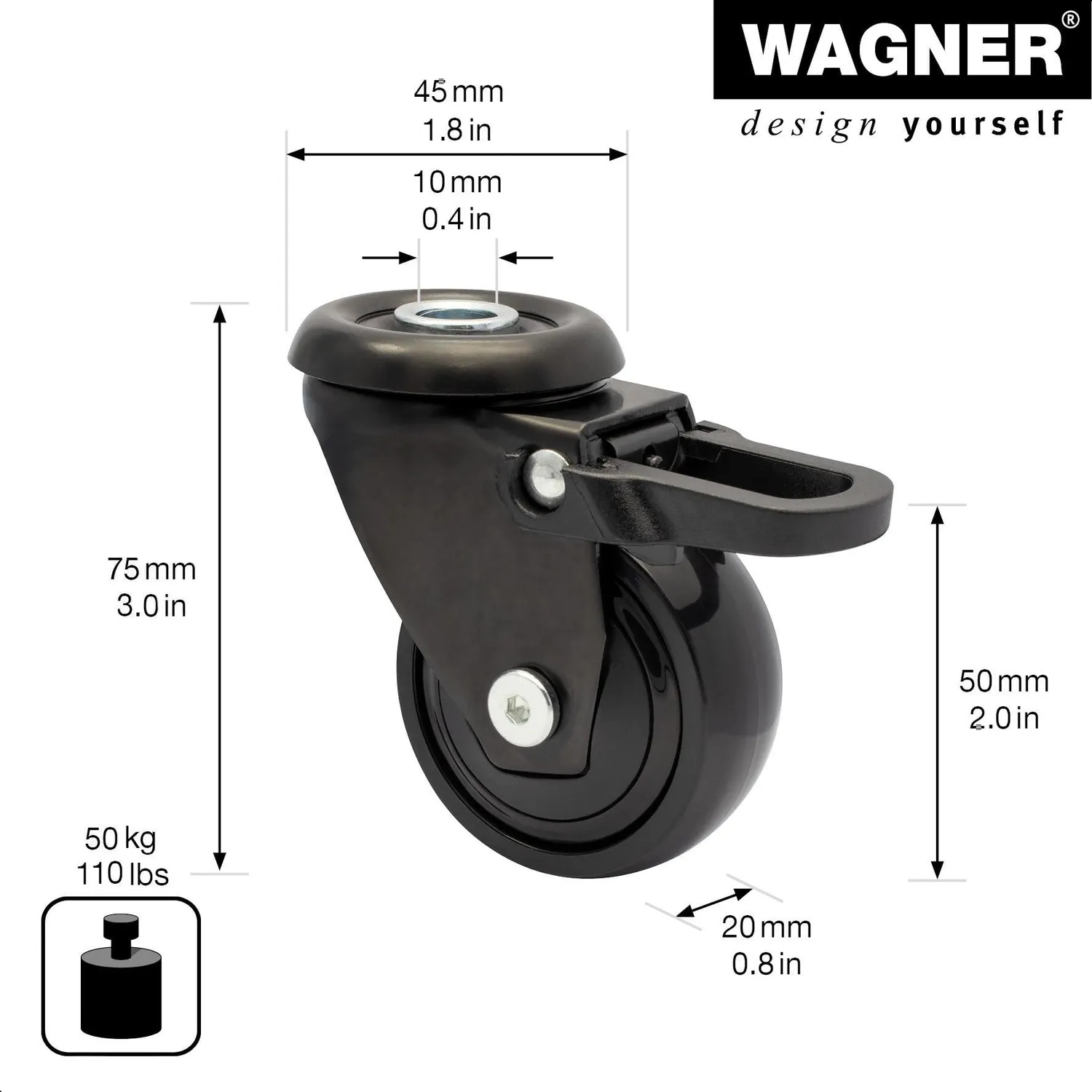 Wagner 3C 01335201 rotella mobile nera Ø 50 mm con freno
