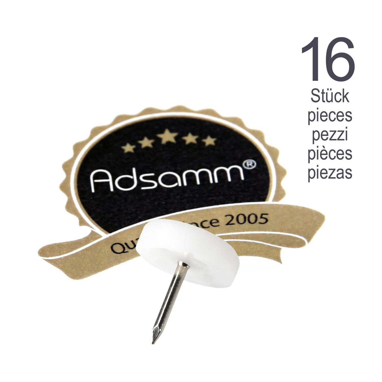 Adsamm PG-N-WH-18-16 pattini con chiodo bianchi 16 pezzi Ø 18 mm