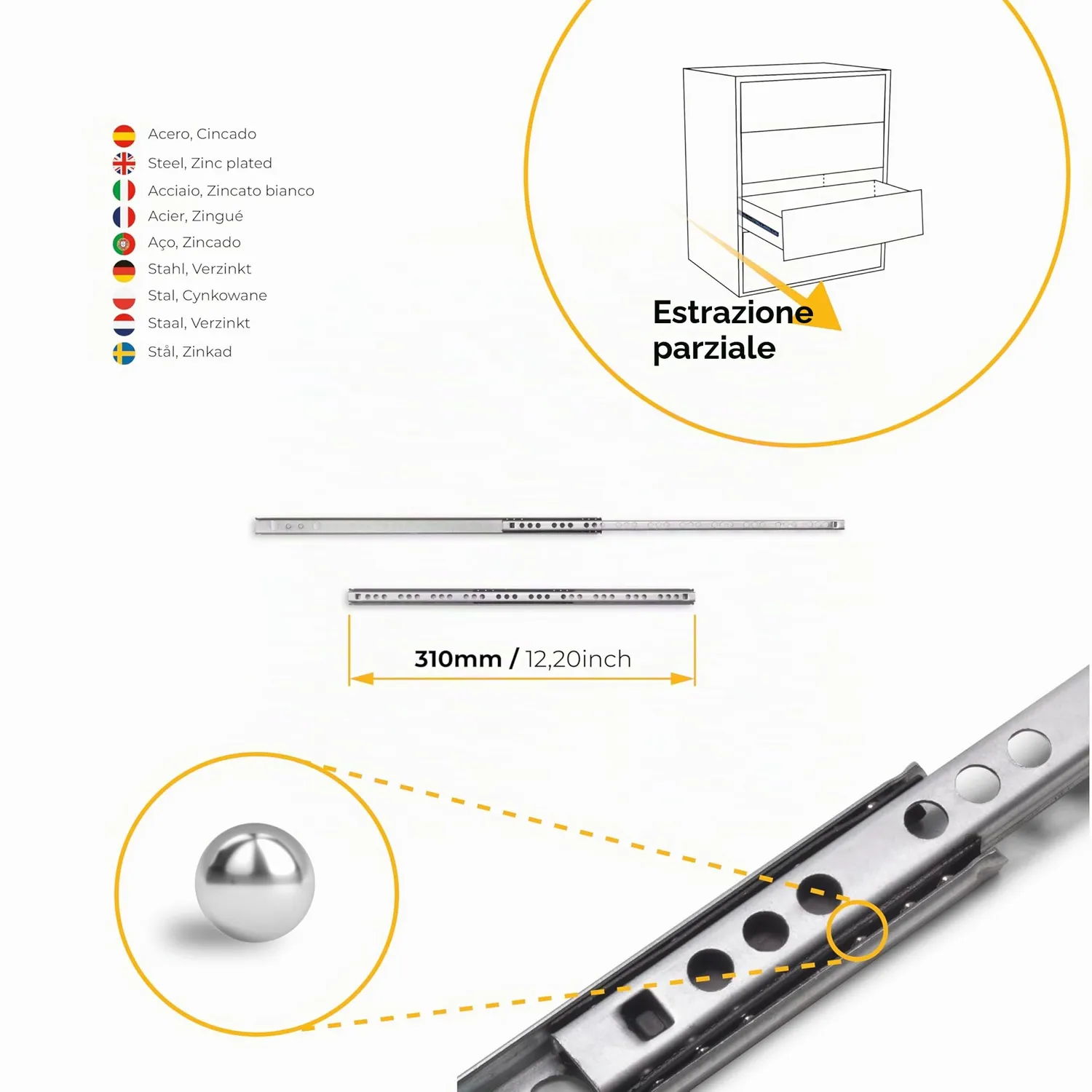 Emuca Guide Cuscinetti Sfere 310 mm 10 pz Parziale