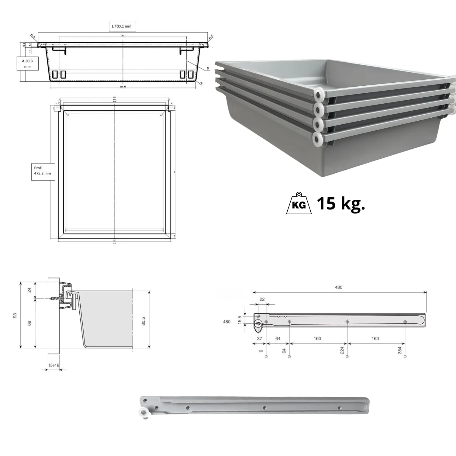 Indaux kit 4 cassetti ABS lavabili 250x480 mm guide rullo