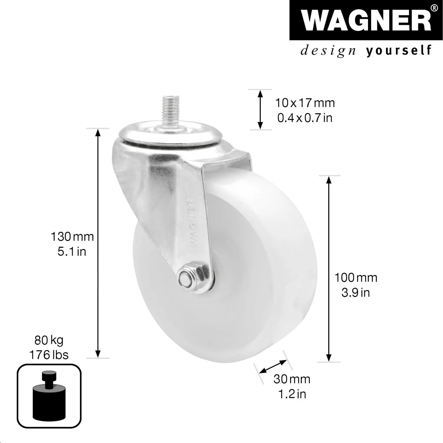 Wagner 04111101 rotella girevole bianca 100 mm perno M10 1 pz